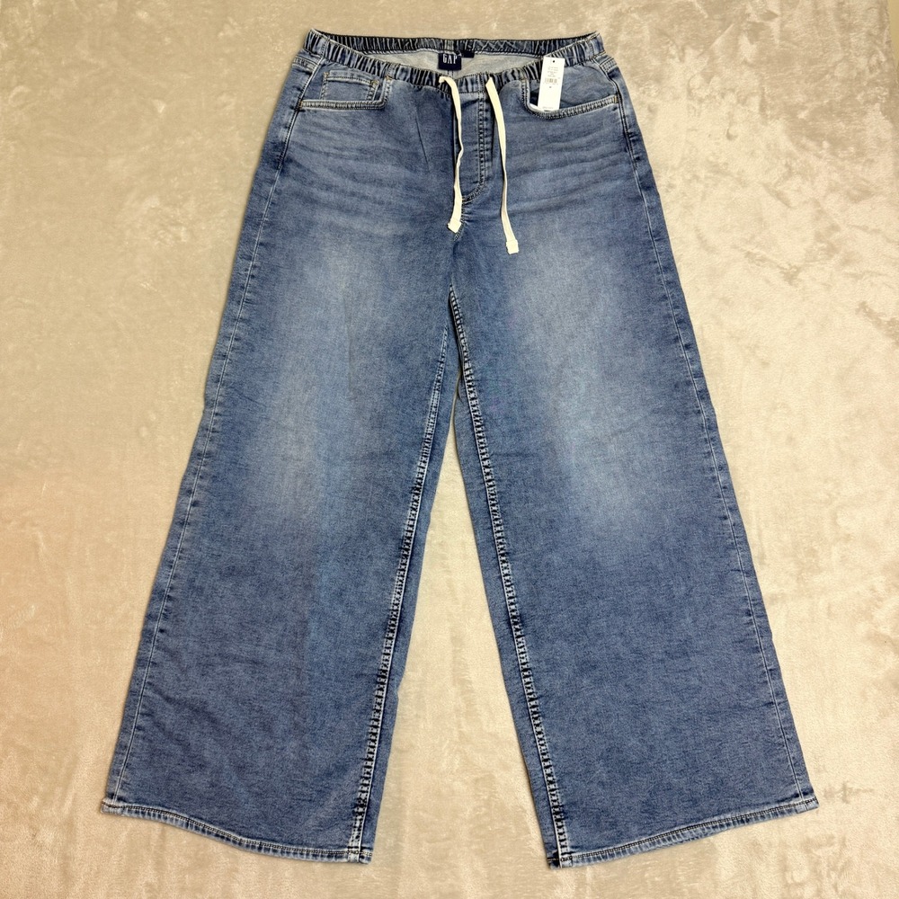 Gap Wide Leg Pull-On Denim Jeans Women M Blue Elastic Waist Lightweight Boho NEW